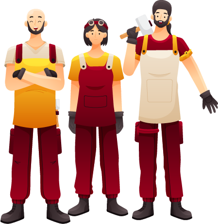 Three EditSnap craftsmen in workshop aprons, ready to work
